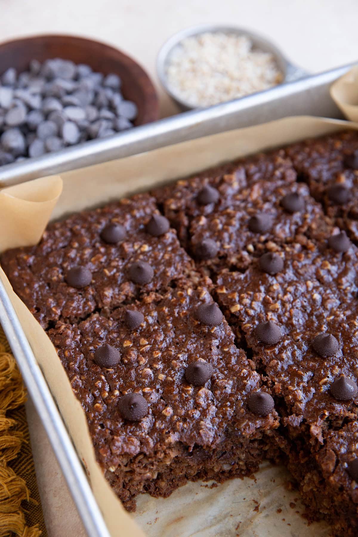 Baking dish with double chocolate baked protein oatmeal.