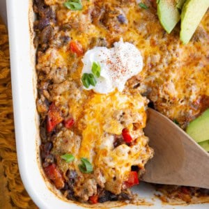 Cheesy ground turkey casserole in a casserole dish, ready to serve.