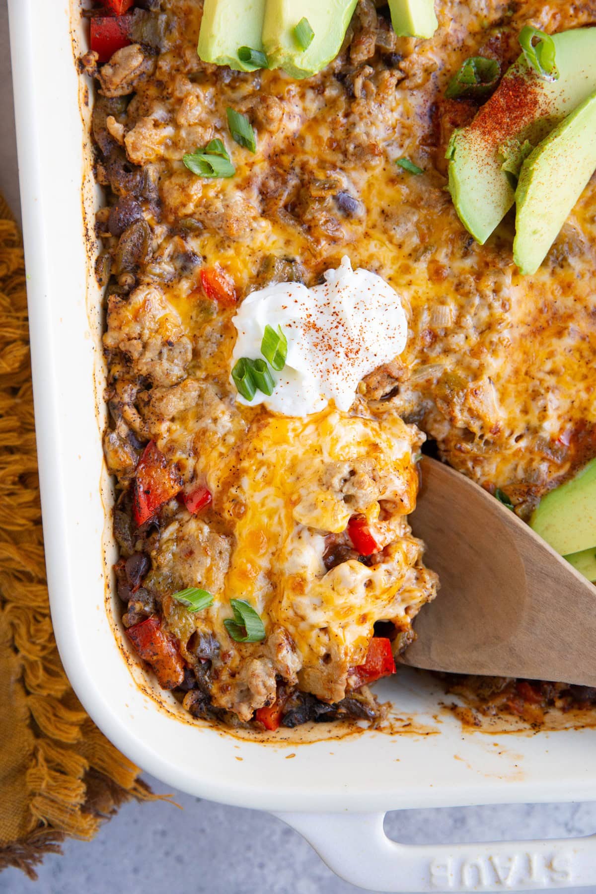 Cheesy ground turkey casserole in a casserole dish, ready to serve.