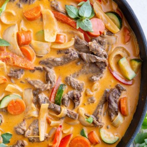 Large skillet of Thai beef curry.