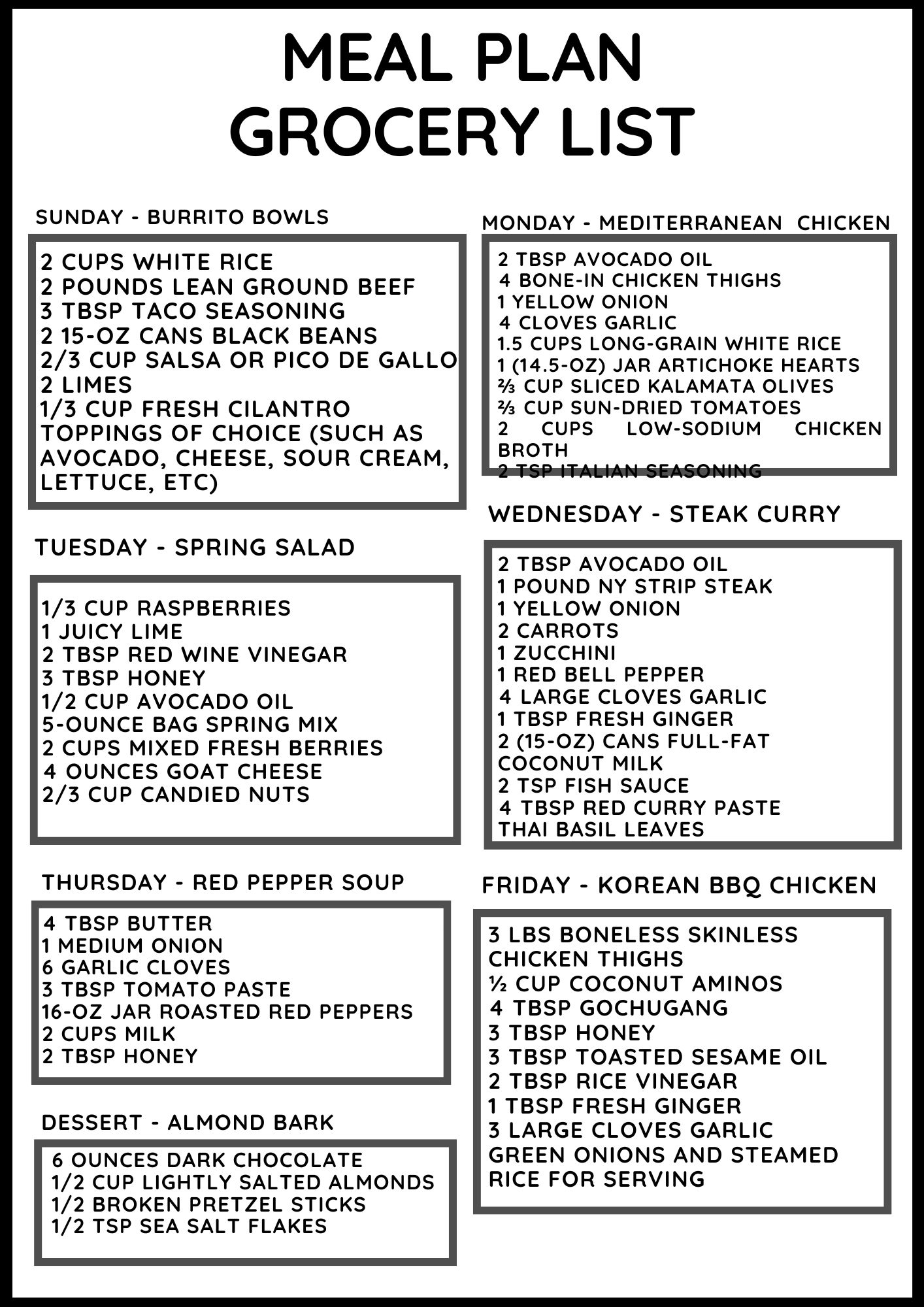 Printable grocery list for meal plan 46