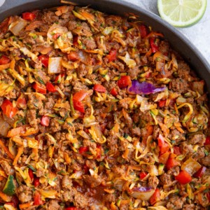 Skillet loaded with ground beef, vegetables and Mexican seasonings for a healthy dinner.