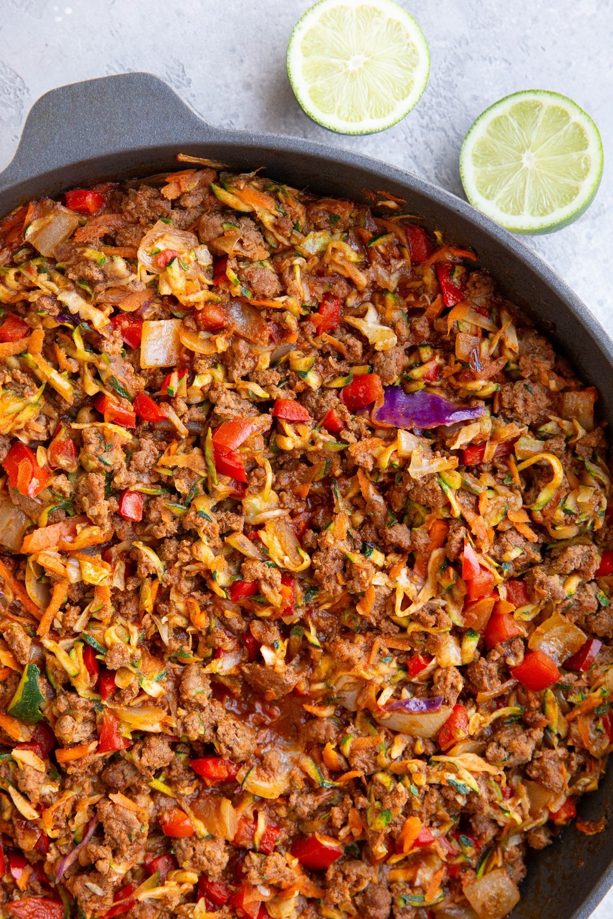 Skillet loaded with ground beef, vegetables and Mexican seasonings for a healthy dinner.