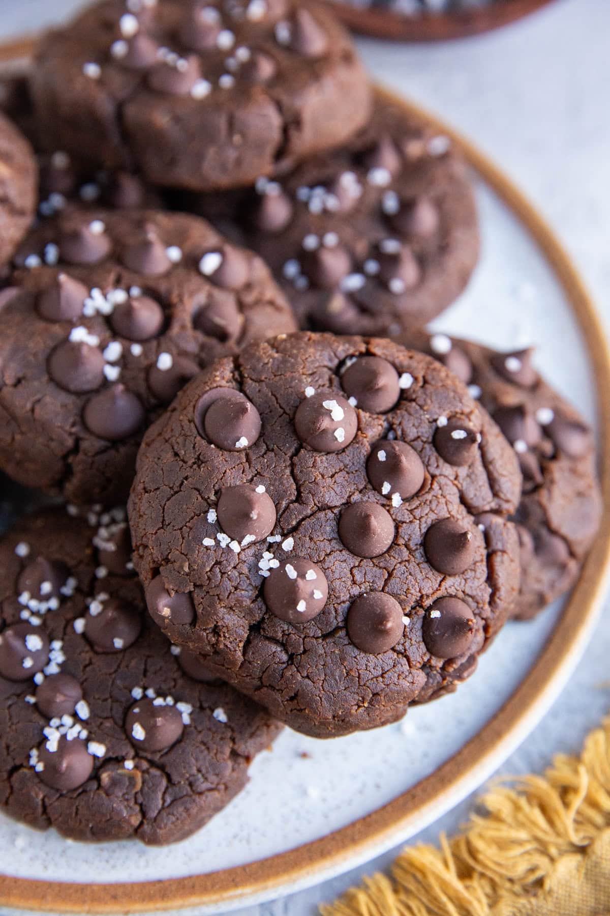 Plate with chocolate chickpea cookies on top, close up and sprinkled with coarse sea salt.