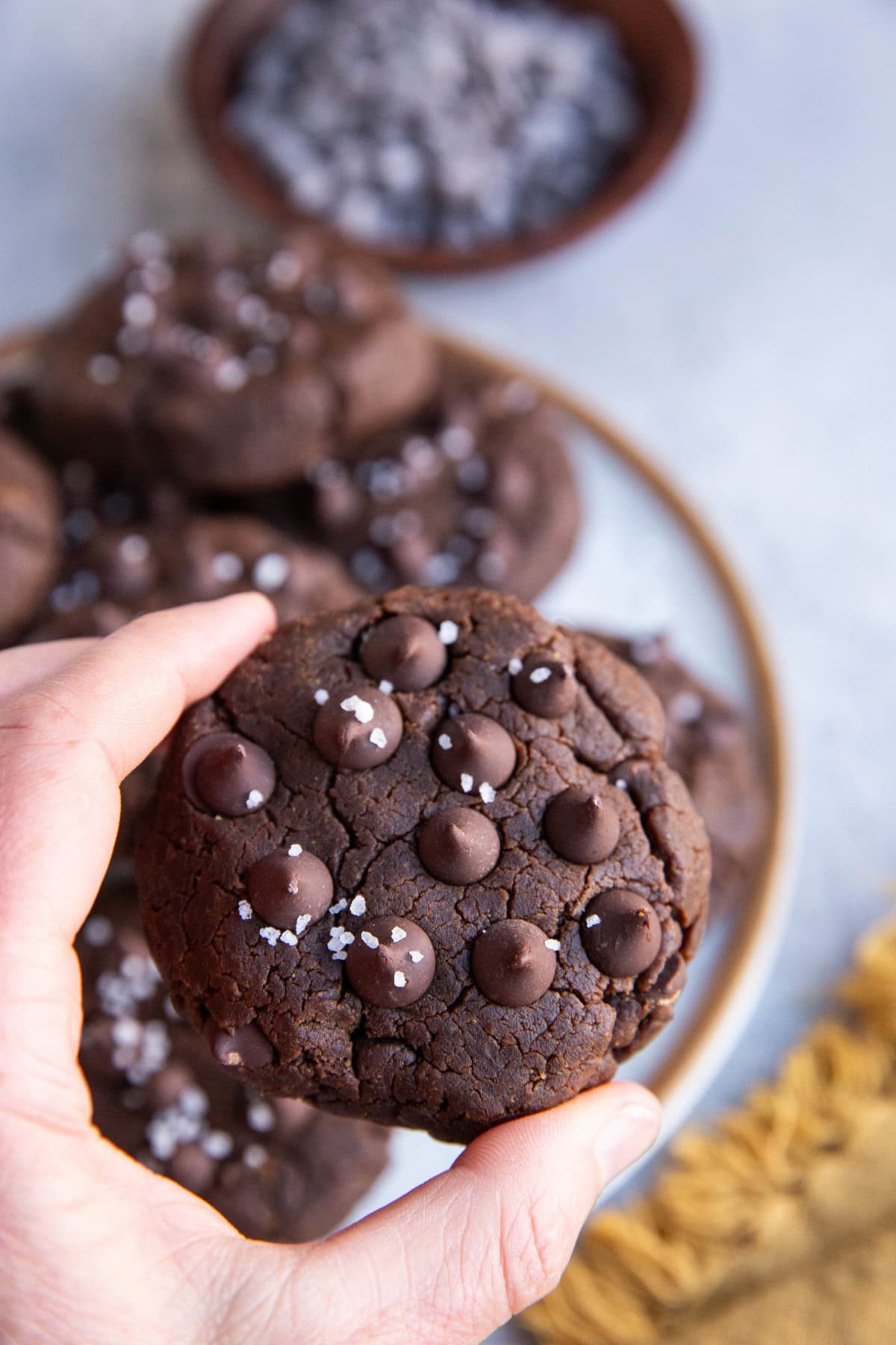 Hand holding a chocolate chickpea cookie, ready to eat.