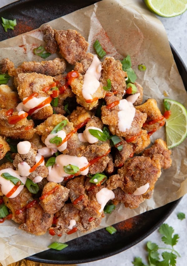 Black plate of bang bang chicken
