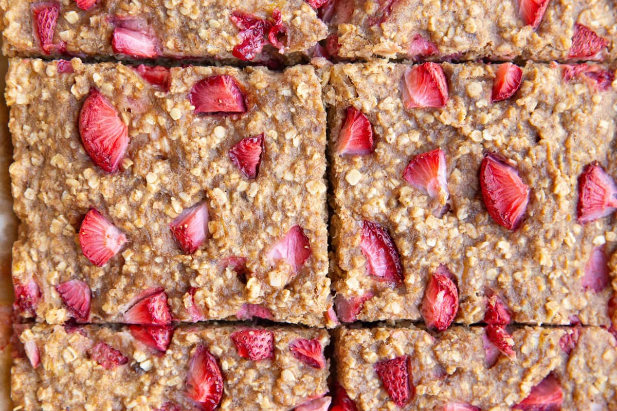 Strawberry breakfast bars, sliced.