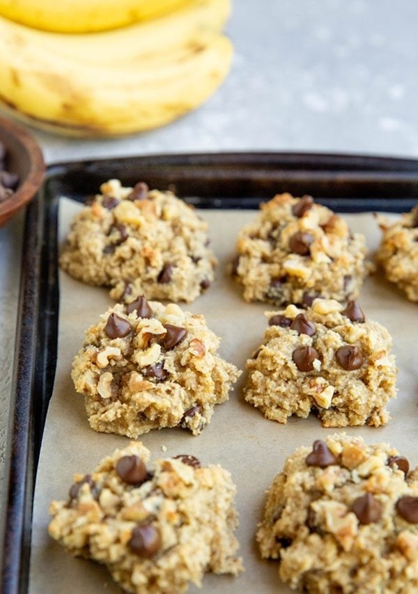 Baking sheet full of banana almond flour cookies, fresh out of the oven.