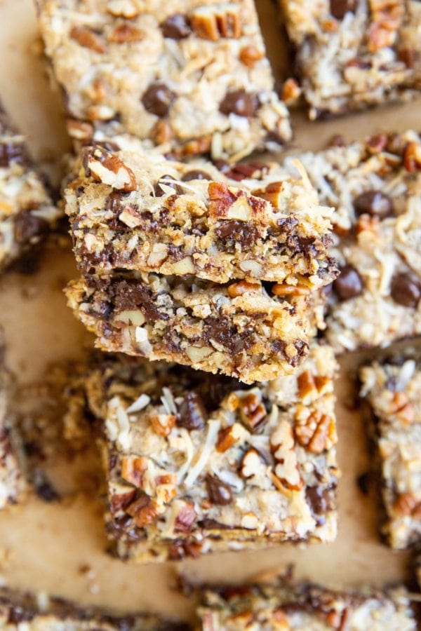 Stack fallen over of cookie bars, revealing the centers of the bars.