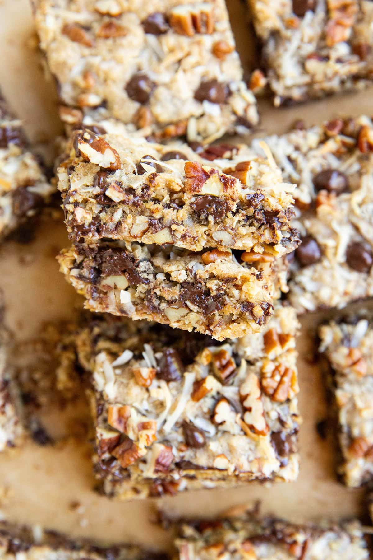 Stack fallen over of cookie bars, revealing the centers of the bars.