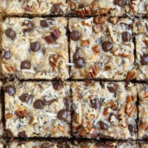 Cookie bars cut into individual squares. Still gooey and fresh out of the oven and ready to serve.