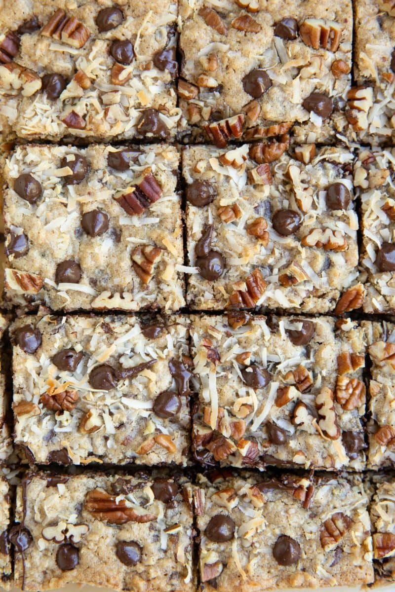 Cookie bars cut into individual squares. Still gooey and fresh out of the oven and ready to serve.