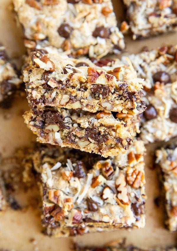 Cowboy cookie bars in a stack.