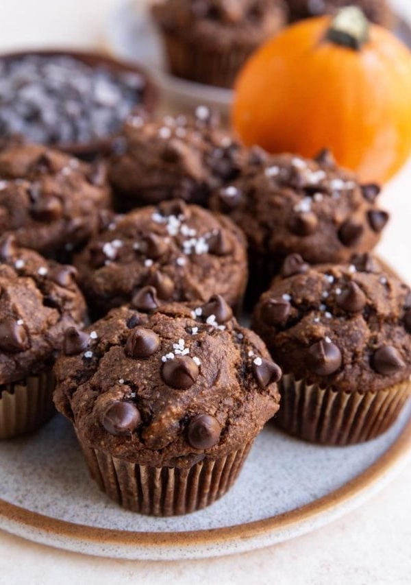Plate of chocolate pumpkin muffins, ready to eat