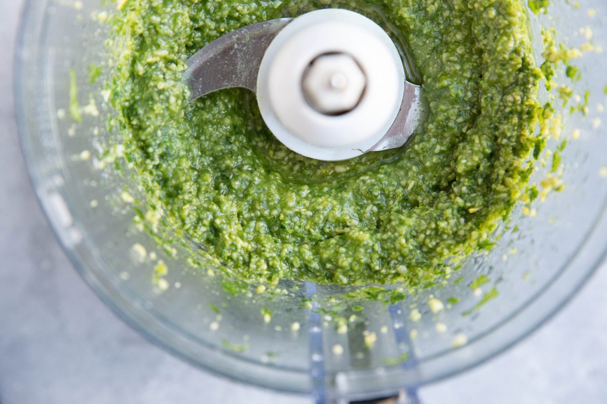 Pesto sauce finished in a food processor.