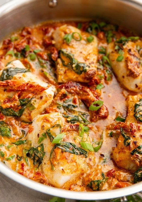 Skillet of creamy sun-dried tomato cod
