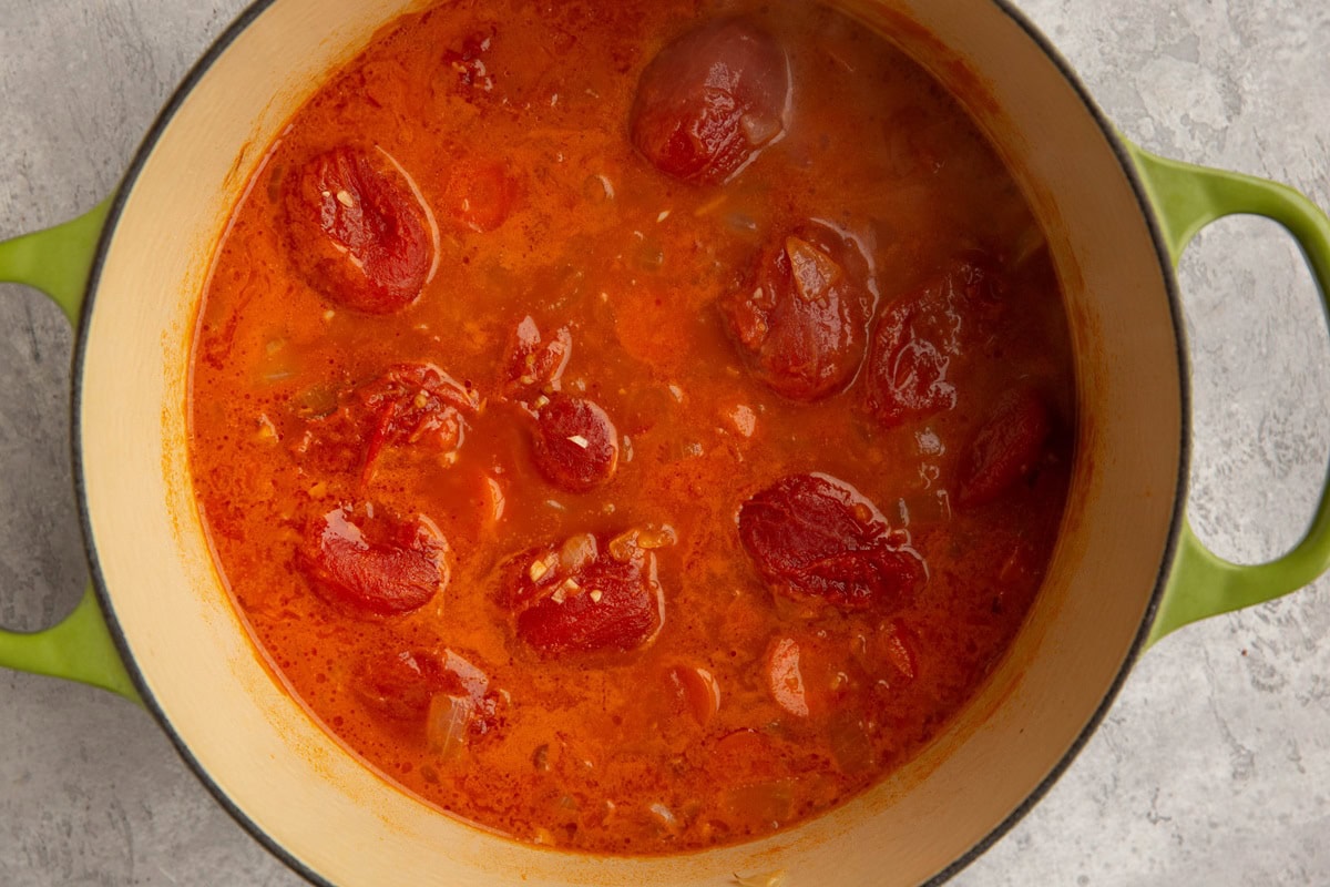 Large Dutch oven of tomato soup