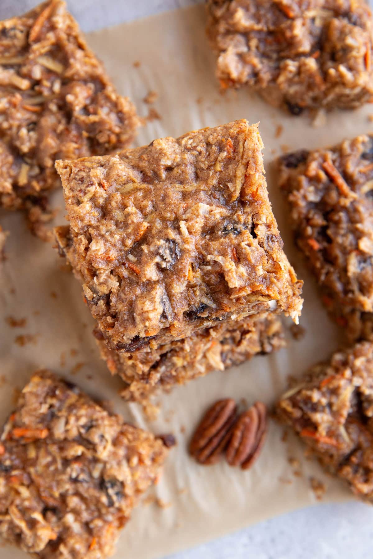 Stack of carrot cake bars, sliced and ready to enjoy.
