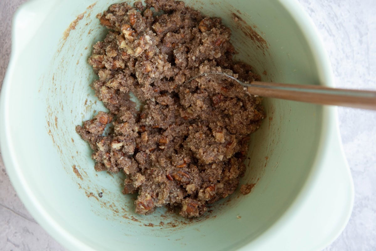 Mixing bowl full of coffee cake streusel topping.
