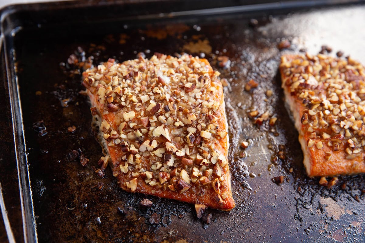 Baking sheet with pecan crusted salmon, fresh out of the oven.