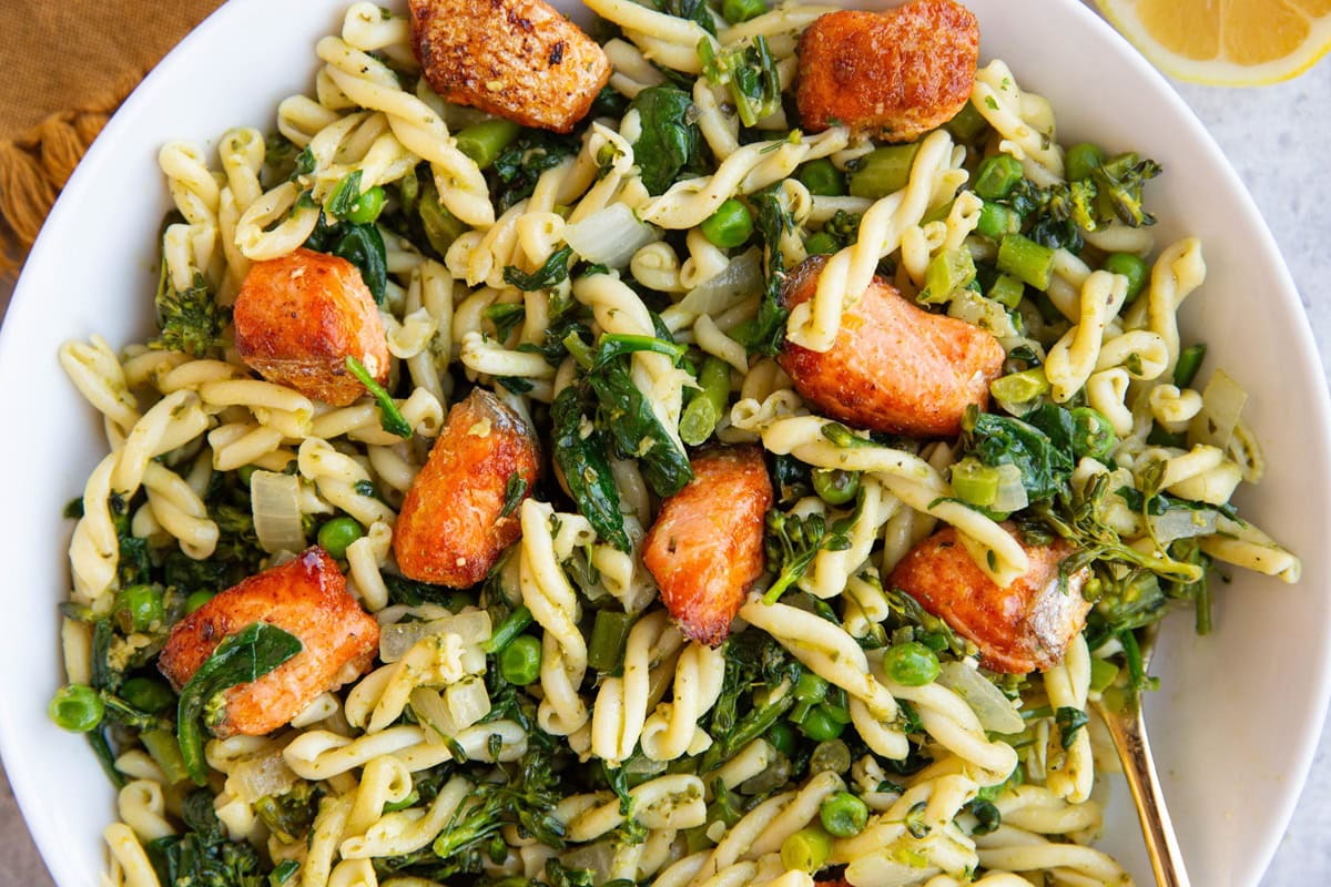 Big bowl of salmon pesto pasta.