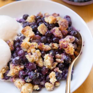 Large bowl full of blueberry crumble with two scoops of vanilla ice cream and a bowl of fresh blueberries to the side.