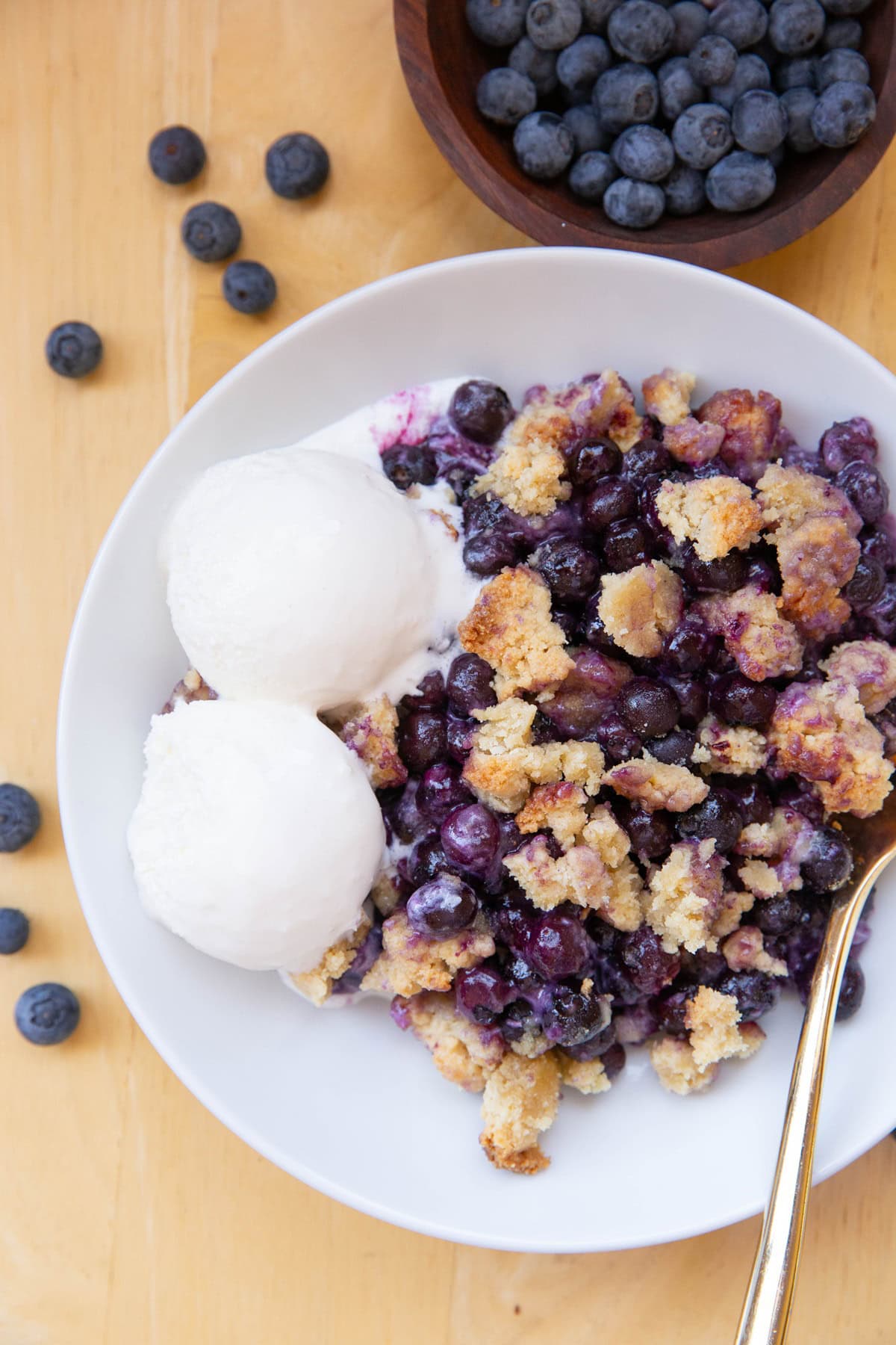 Large white bowl of blueberry cobbler with ice cream and a bowl of fresh blueberries.