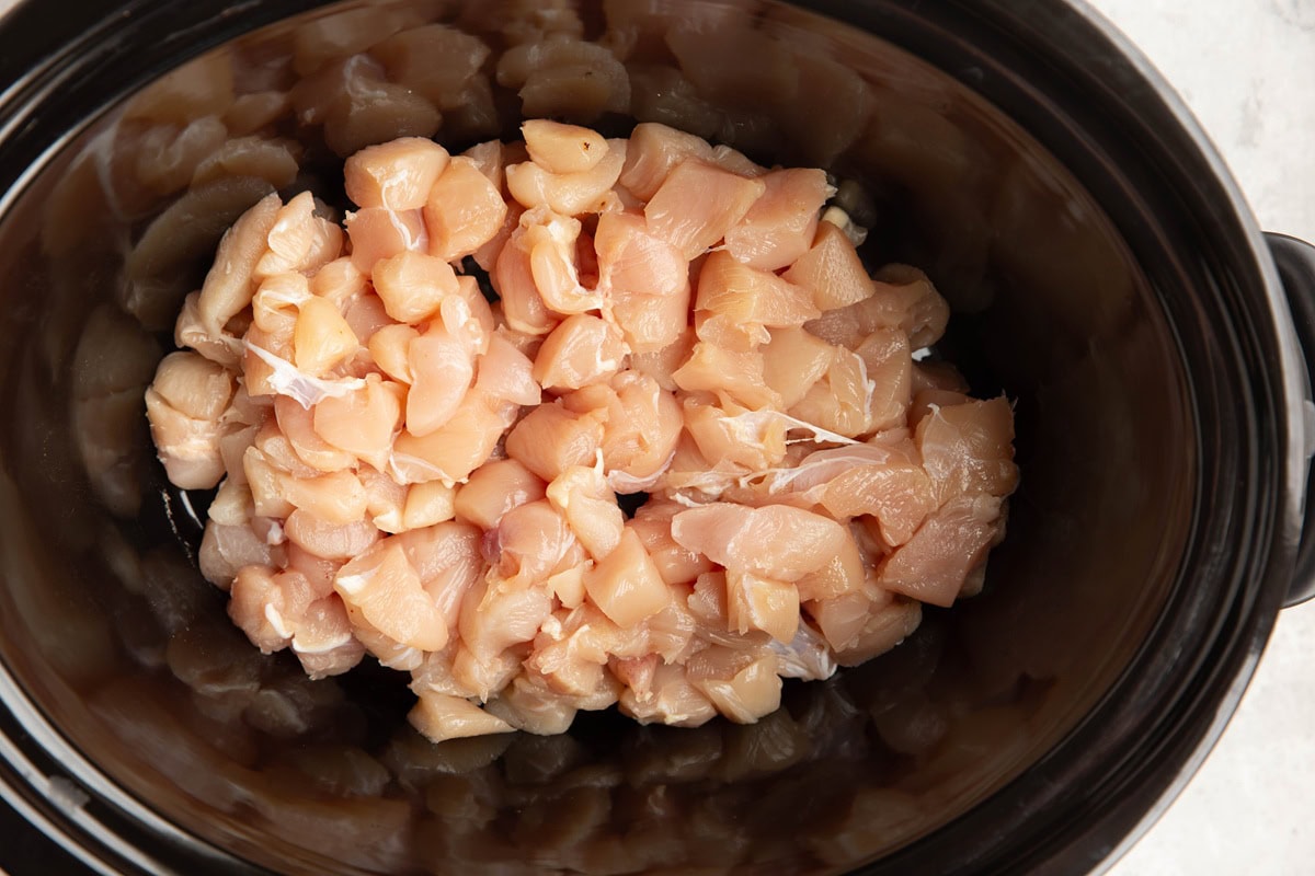 Crock pot full of chopped chicken