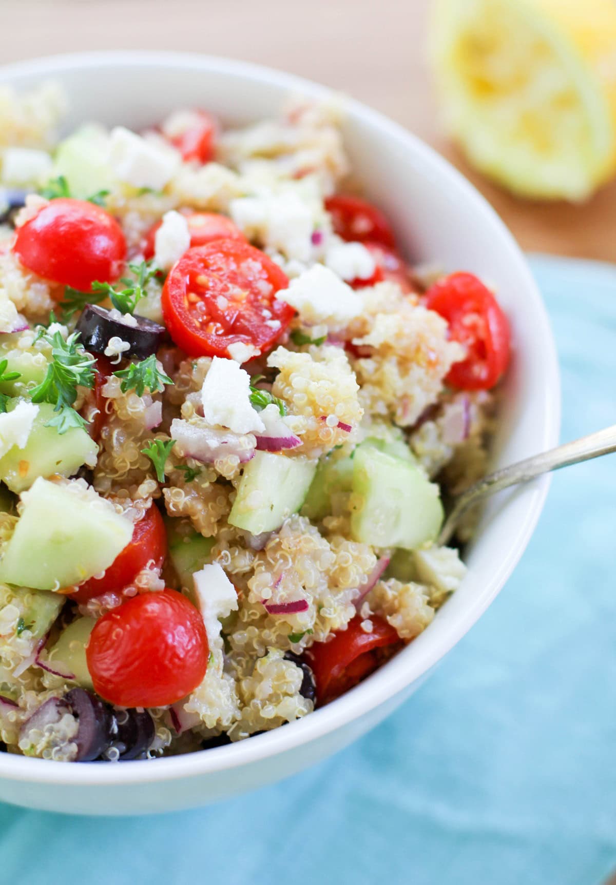 Big bowl of Greek quinoa salad