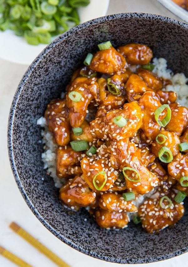 Large bowl full of general tso's chicken