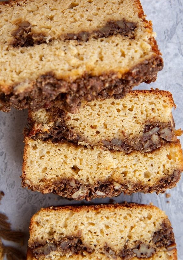 Slices of cinnamon roll bread on a backdrop