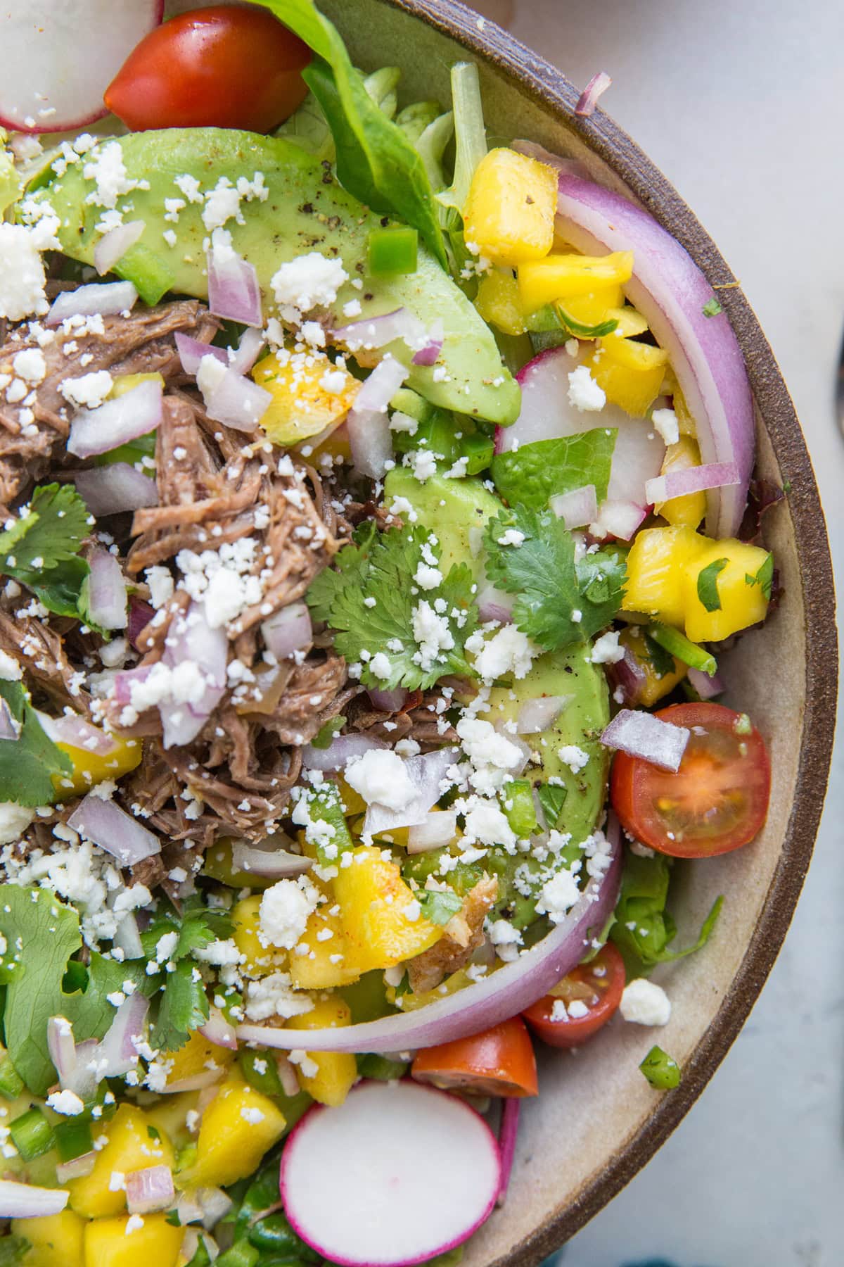 Huge salad bowl full of shredded beef salad with mango salsa, tomatoes, red onions, radishes, cheese, and more!