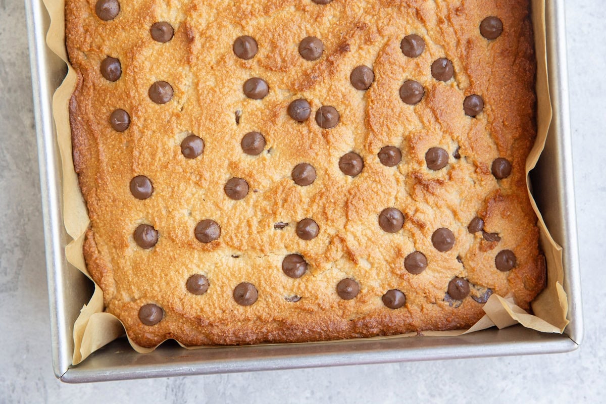 Peanut butter bars inside of a baking dish fresh out of the oven and ready to serve.