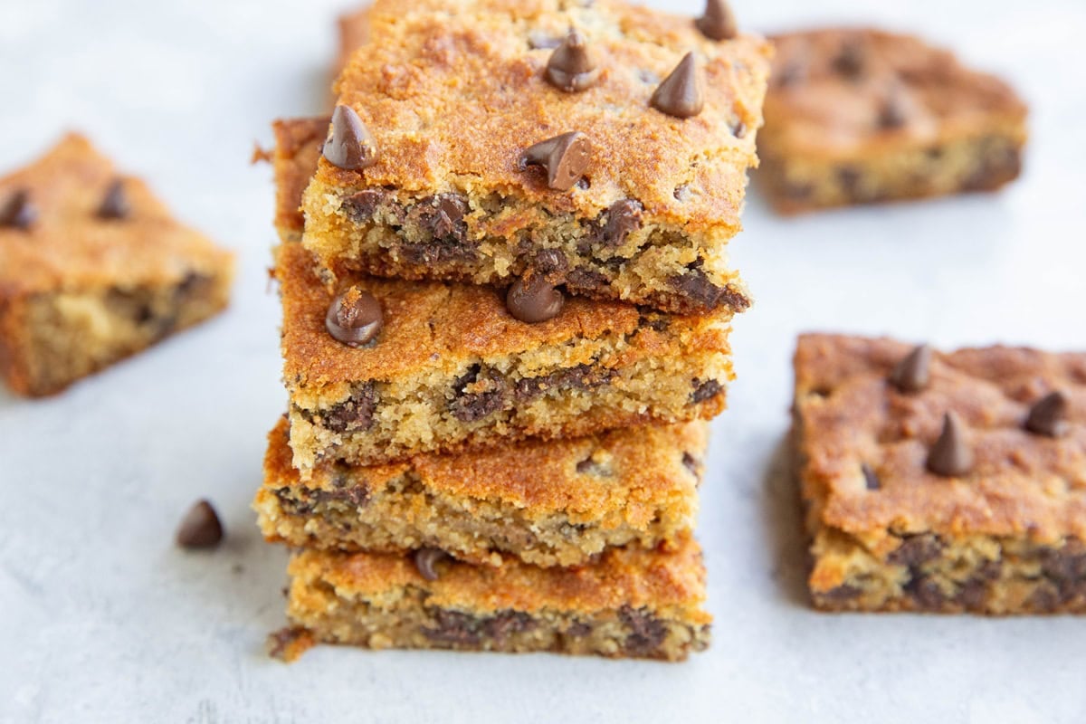 Almond flour blondies stacked on top of one another. Ready to eat.