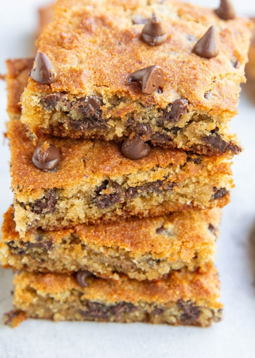 Chocolate chip cookie bars stacked on top of each other.