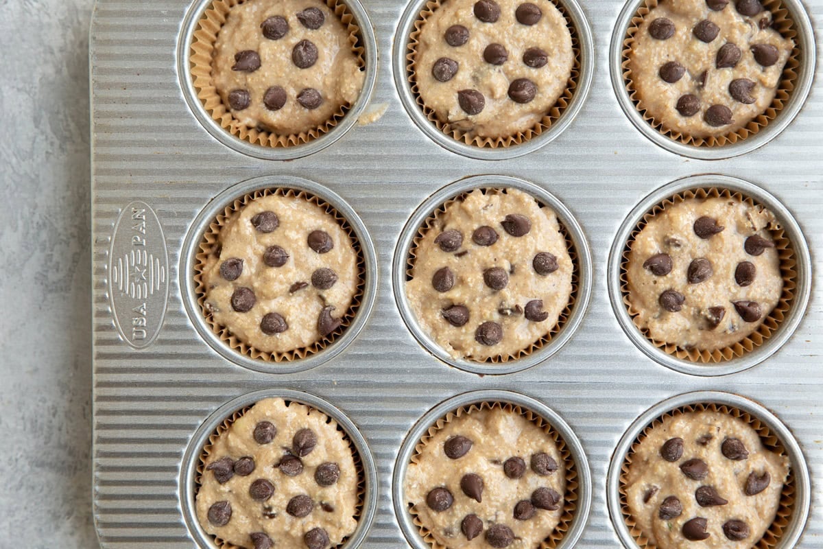Muffin tray with muffin batter inside of paper liners with chocolate chips on top, ready to go into the oven.