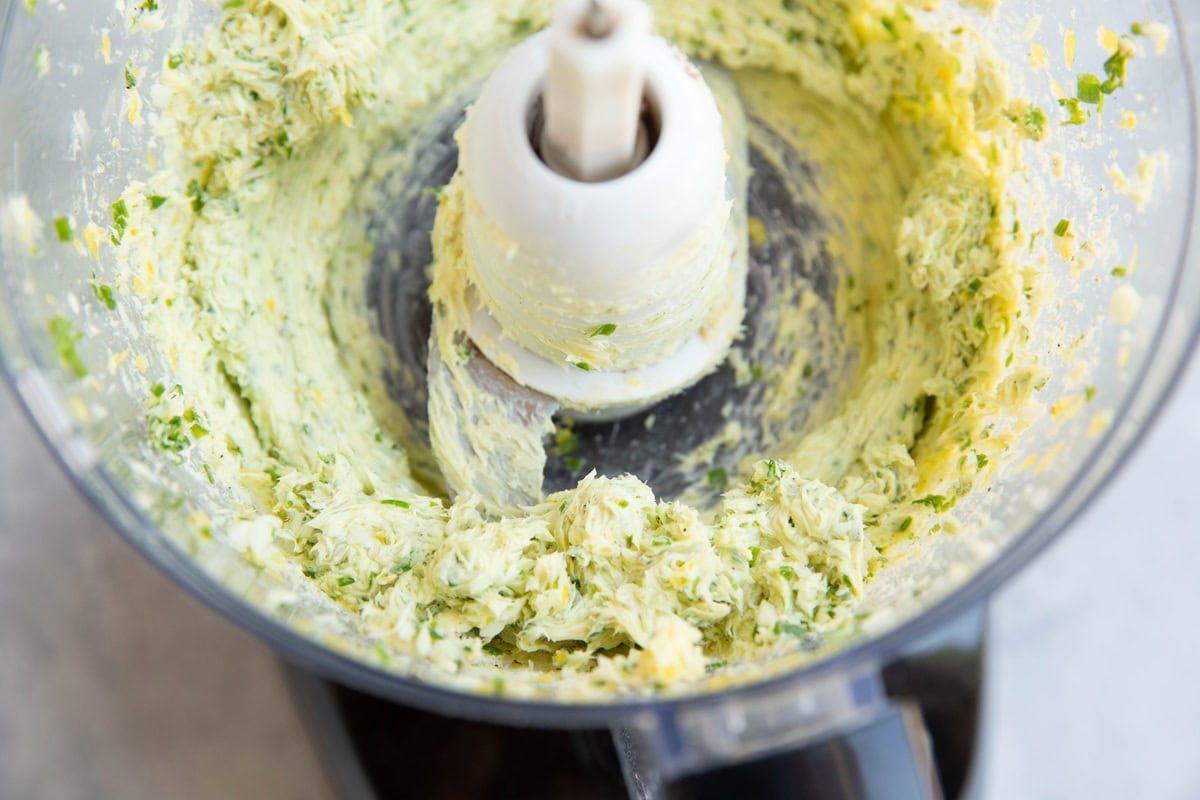 Compound butter blended up in a food processor.