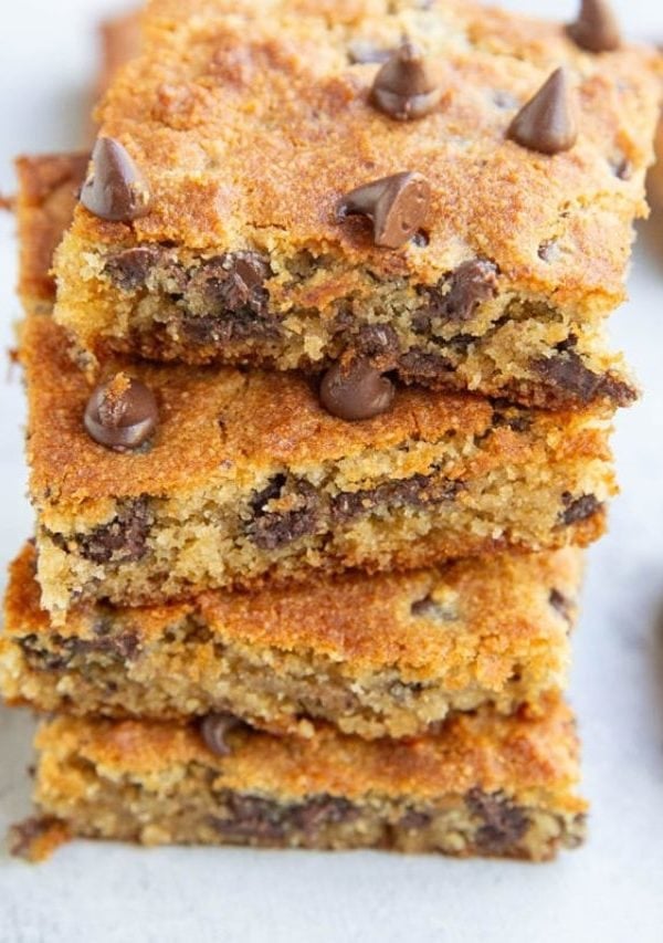 Almond flour blondies stacked on top of one another. Ready to eat.