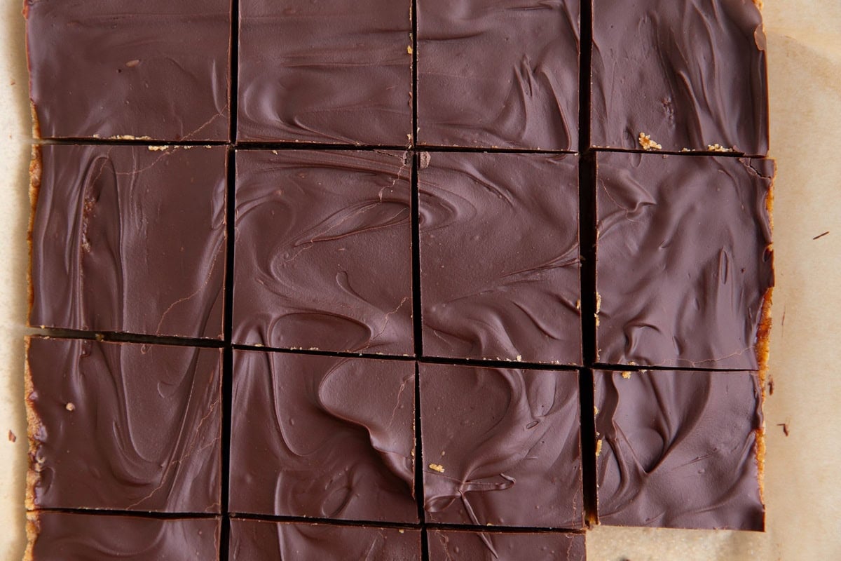 Cookie dough protein bars cut into individual squares.