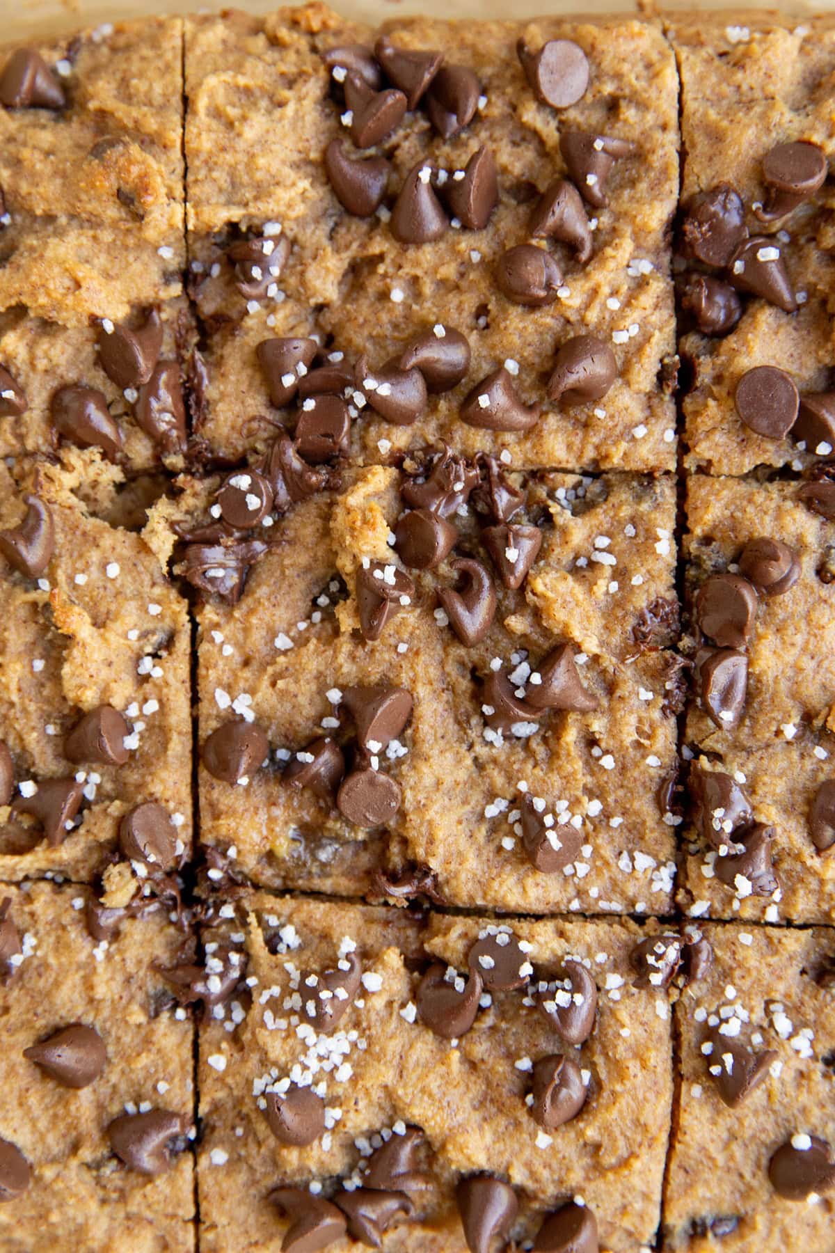 Almond Flour Banana Bars with chocolate chips and sea salt on top, cut into slices and ready to serve.