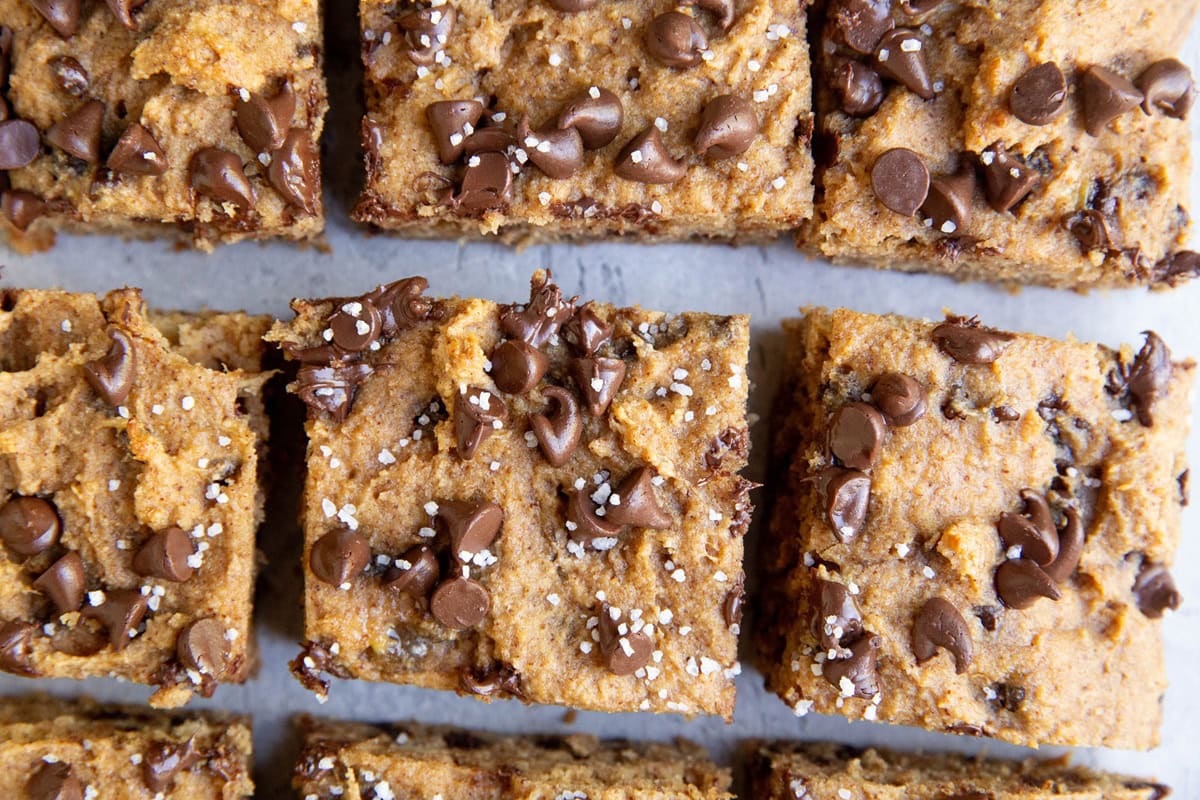 Banana bars cut into slices and sprinkled with flaky sea salt.