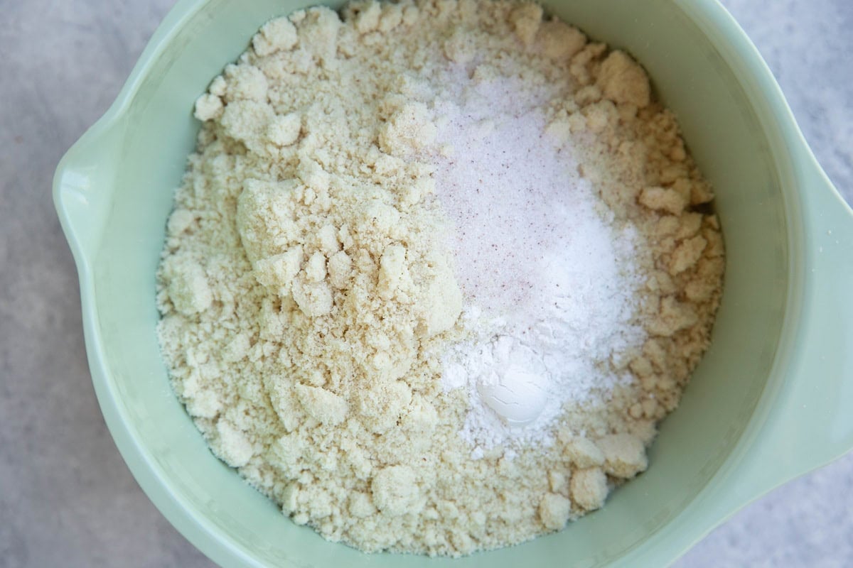 Mixing bowl with almond flour, baking powder, and sea salt.