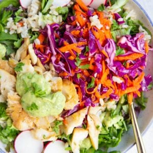 Large blue-rimmed bowl full of greens, rice, cabbage and carrot slaw, fresh cooked flaky fish, and avocado sauce with a spoon to the side. The ultimate fish taco bowl.