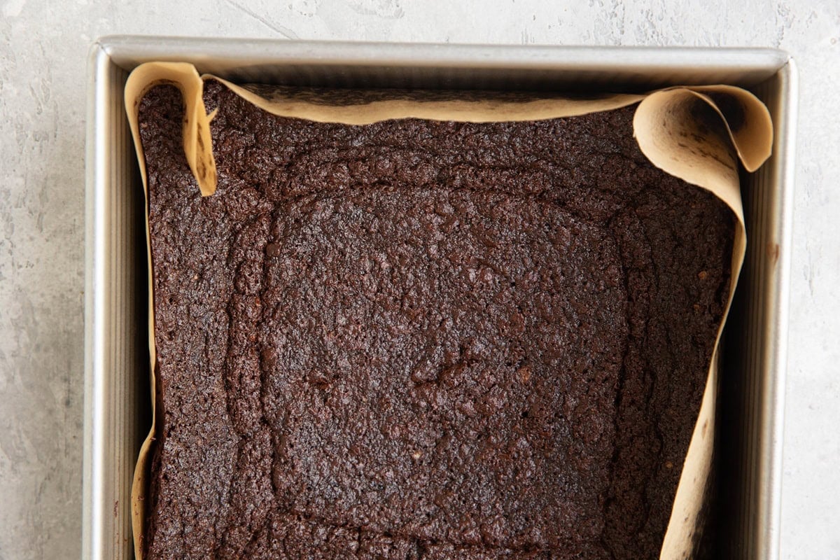 Baking dish with oat flour brownies inside.