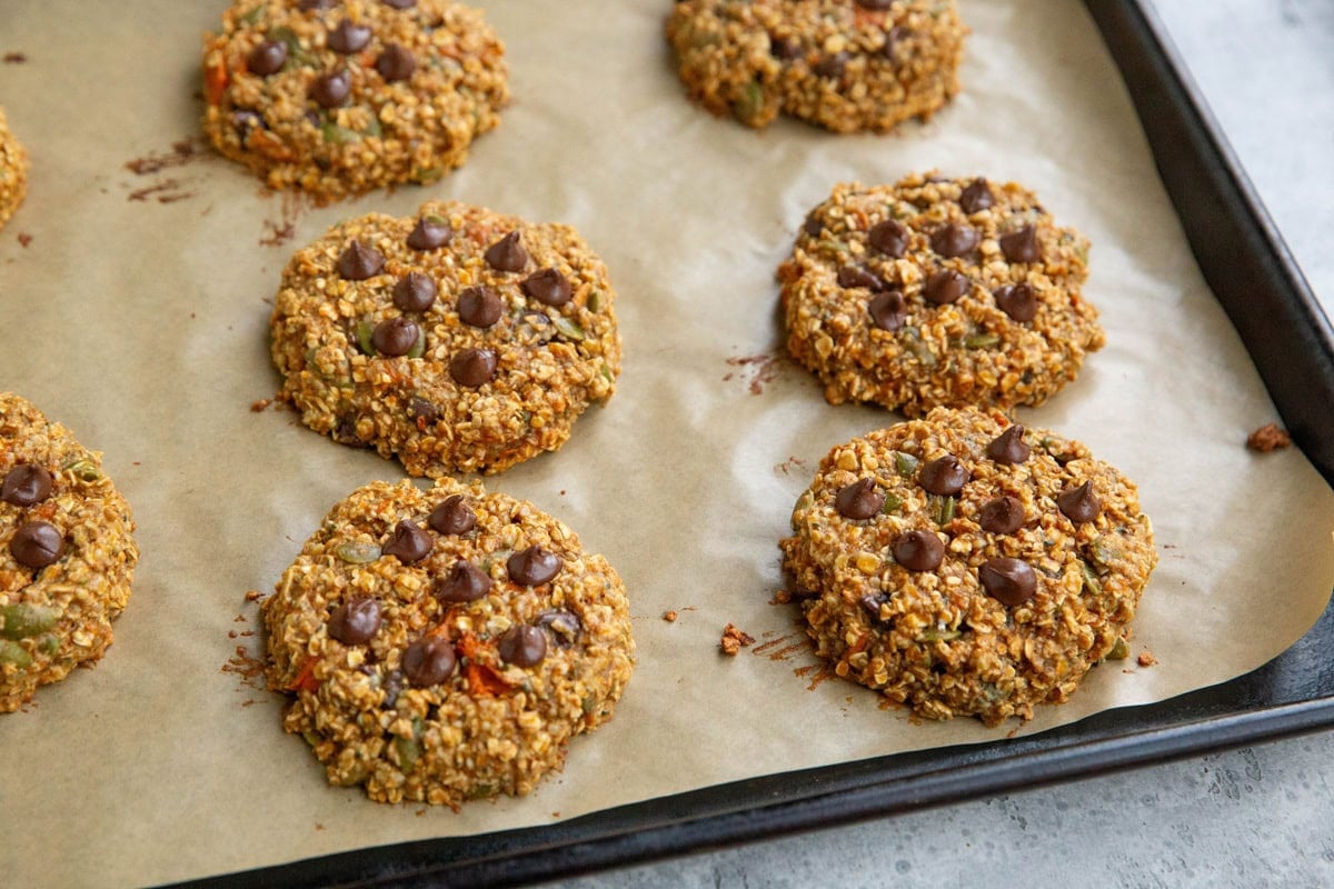 Sheet pan with sweet potato cookies on top, ready to enjoy.