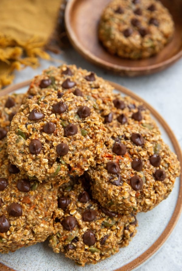 Pile of sweet potato cookies on a plate, ready to eat.