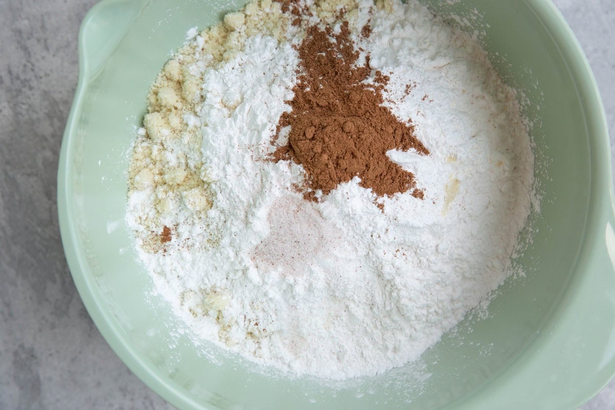 Dry ingredients for almond flour pumpkin scones in a large mixing bowl.