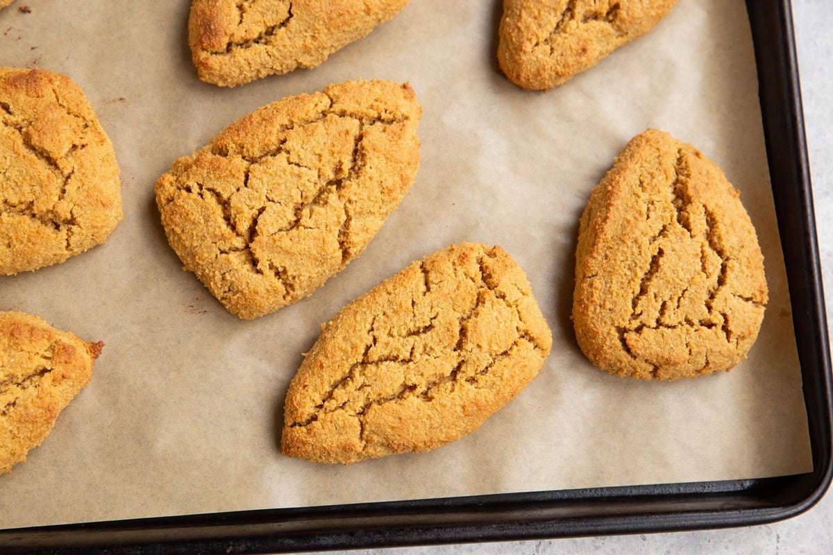 Almond Flour Pumpkin Scones on a baking sheet lined with parchment paper, fresh out of the oven and ready to serve.