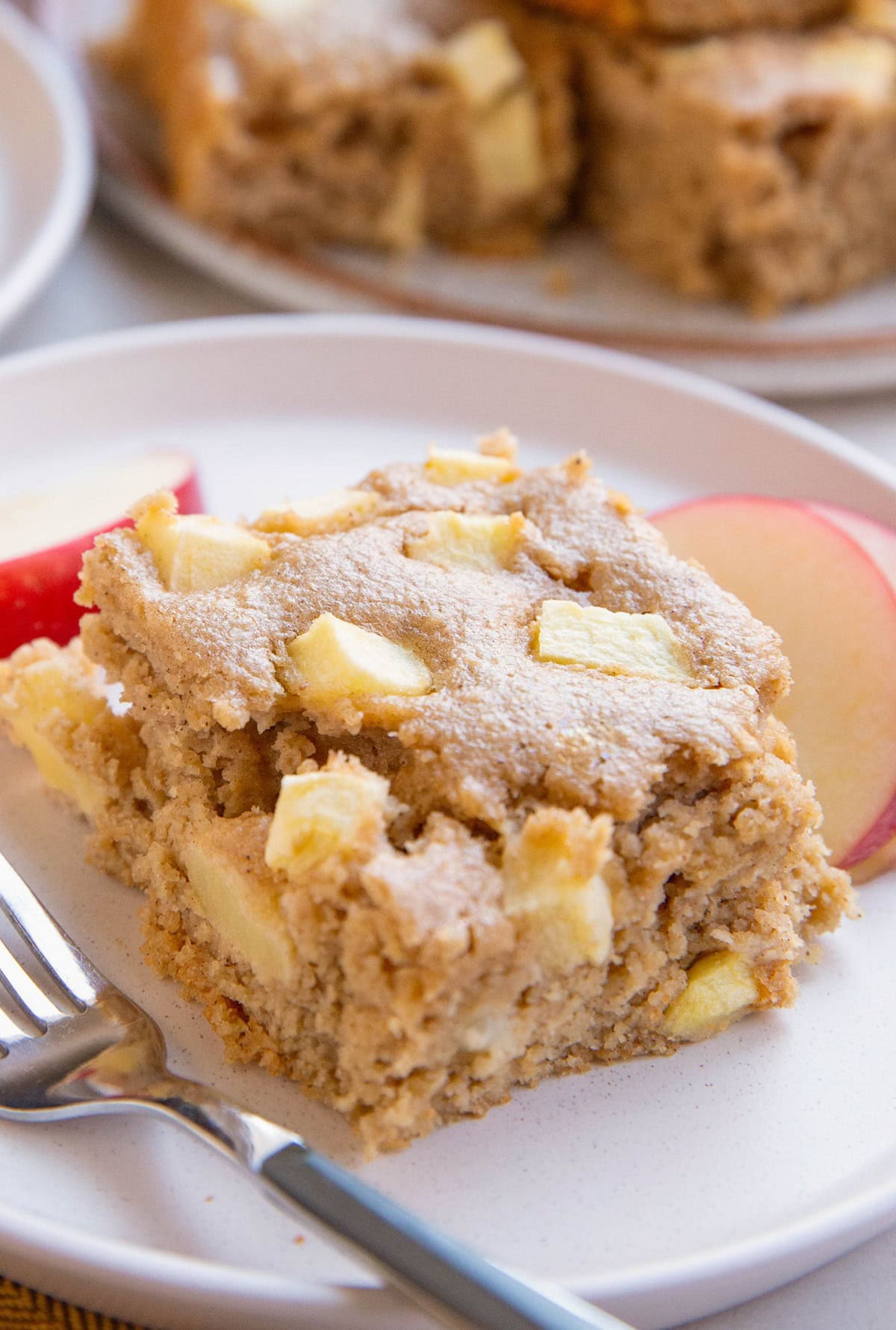 Large slice of applesauce cake on a white plate with apple slices, a fork, and the rest of the cake in the background.