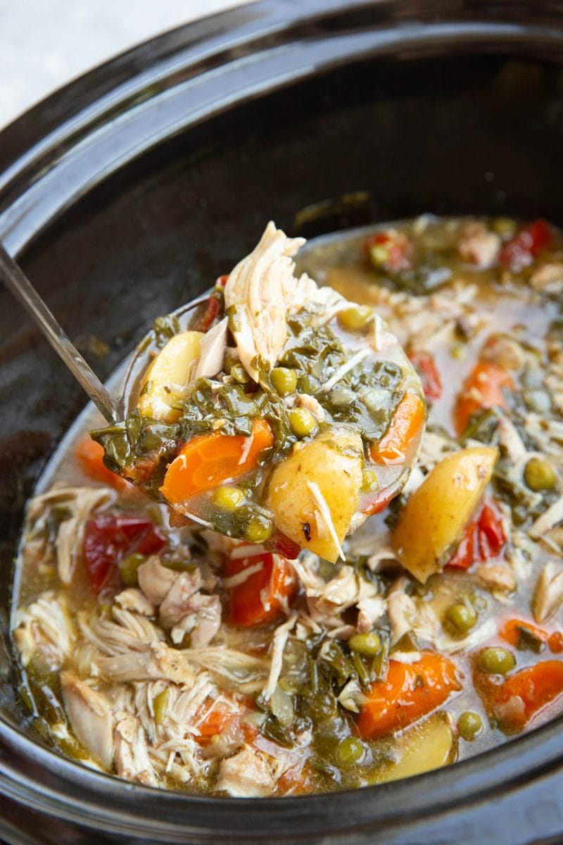 Slow cooker chicken stew with fresh vegetables inside of a crock pot with a ladle taking some of the stew out.